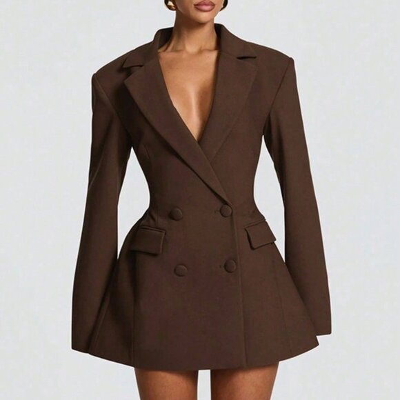 Brown Elegant Women's Double-Breasted Slim Fit Pocket Party Dress - Picture 2 of 4